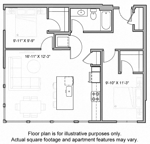 Floor plan for 2 beds, 1 bath, 972 sqft